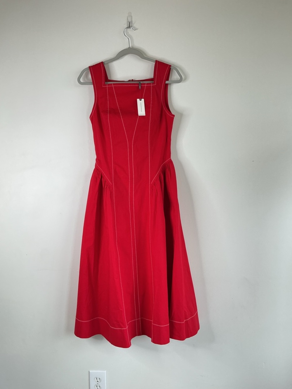 NEW Anthropologie Red Structured Midi Dress Contrast Stitch Pockets Square Neck - Picture 9 of 10